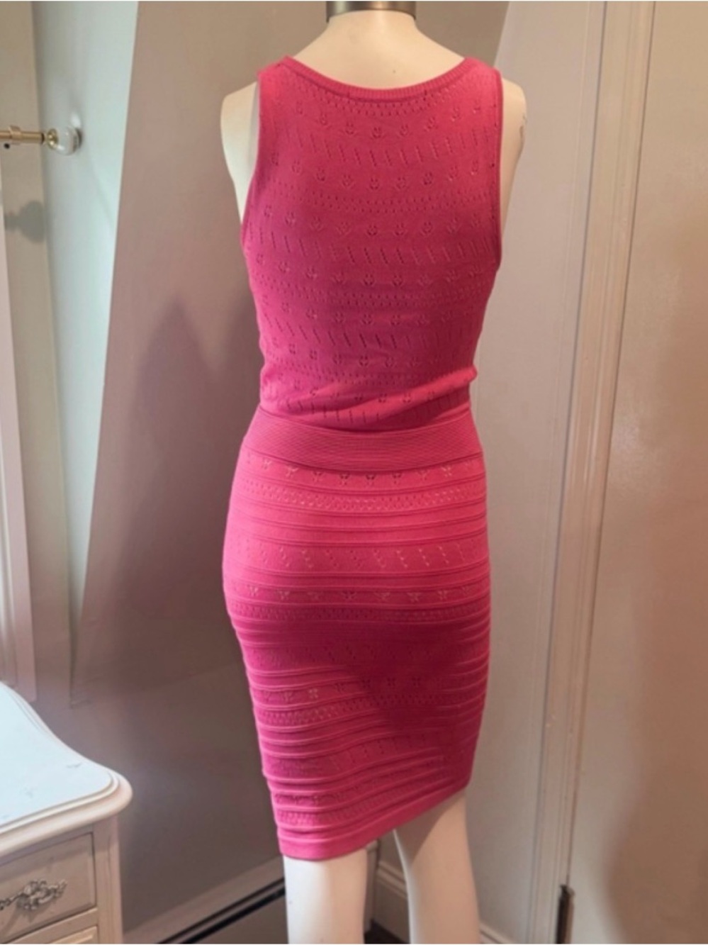 French Connection Pink Pointelle Knit Bodycon Midi Dress | US 6 - Picture 2 of 12